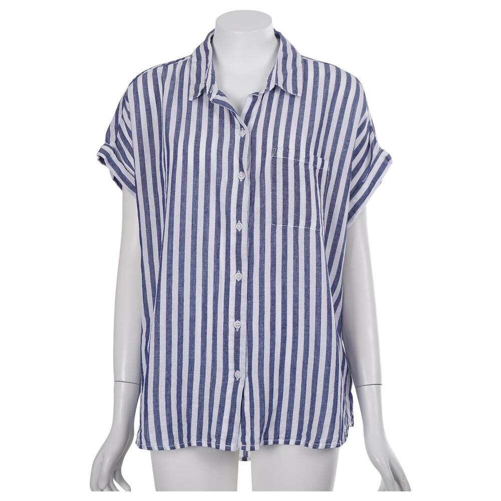 Lola River Top L Blue White Striped Linen Blend Button Up Short Sleeve Casual